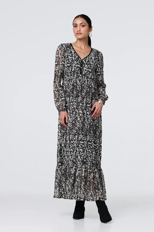 Leaf Print Long Sleeve Relaxed Maxi Dress Elegant Maxi Dress with Pockets