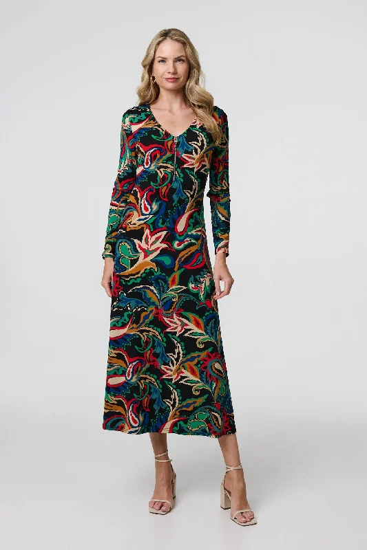 Printed Zip Front Long Sleeve Maxi Dress Classic Strapless Maxi Dress