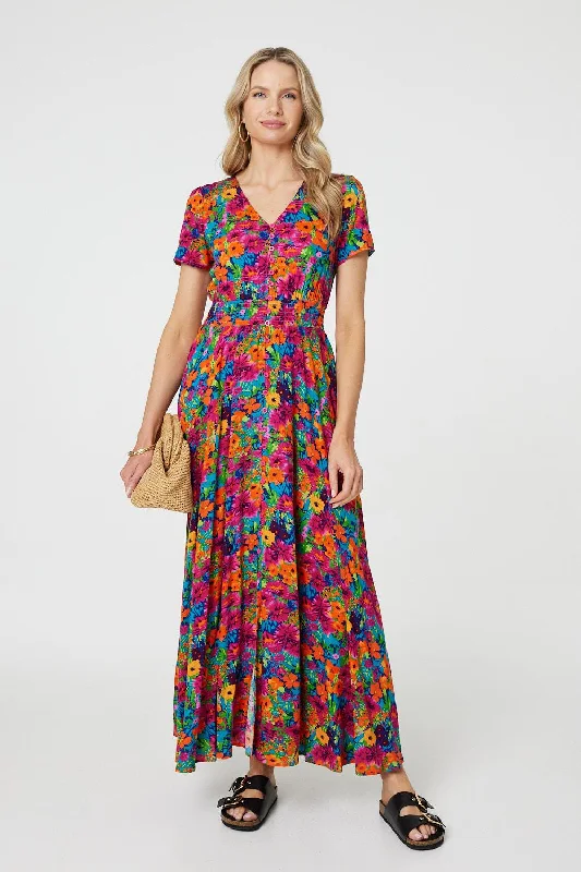 Floral V-Neck Short Sleeve Maxi Dress Trendy Maxi Dress with Lace