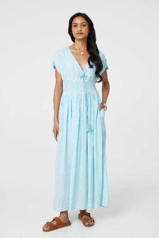 Striped Cap Sleeve Empire Maxi Dress Fashionable Layered Maxi Dress