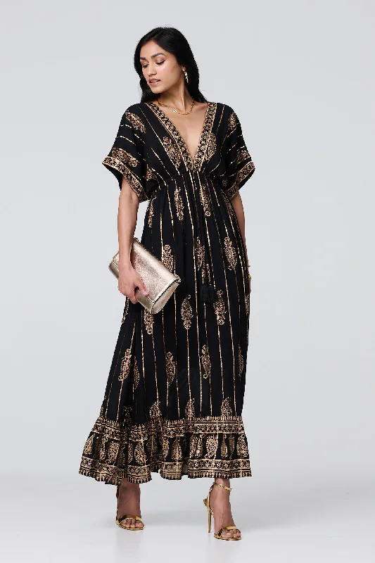 Metallic Print V-Neck Kimono Maxi Dress Trendy Floral Print Maxi Dress