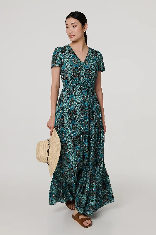 Mosaic Print Short Sleeve Smock Maxi Dress Chic Summer Floral Maxi Dress