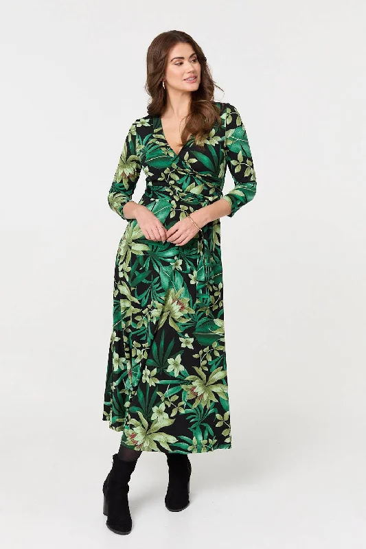 Floral 3/4 Sleeve Tie Waist Wrap Maxi Dress Trendy V-Neck Maxi Dress