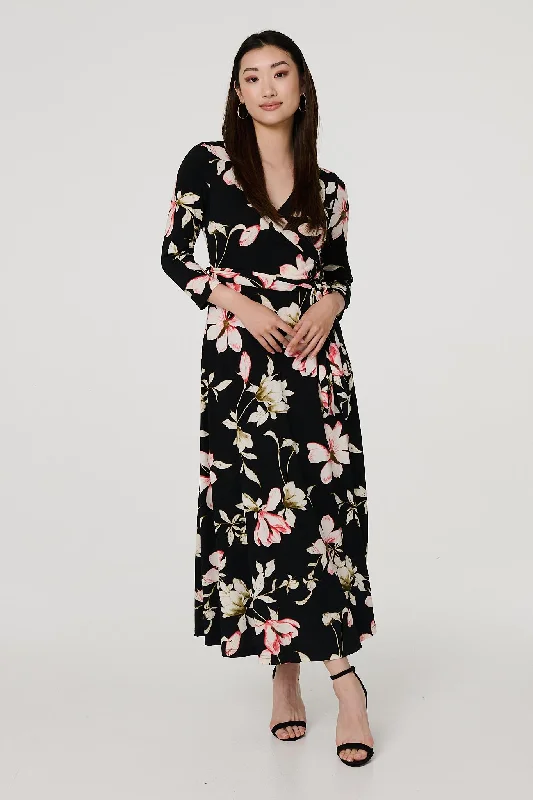 Floral Tie Waist 3/4 Sleeve Maxi Dress Trendy Off-Shoulder Ruffle Maxi Dress