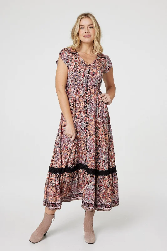Paisley Lace Detail Maxi Dress Fashionable Chiffon Tiered Maxi Dress