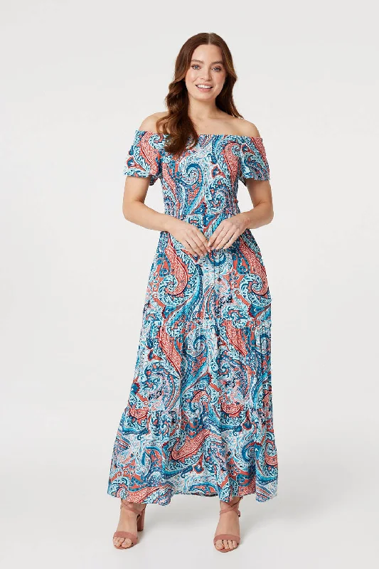 Paisley Square Neck Maxi Dress Stylish Maxi Dress with Pleats