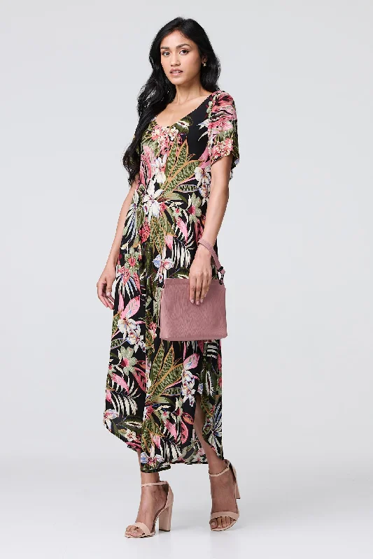 Tropical Print 1/2 Sleeve Maxi Dress Fashionable Sheer Maxi Dress