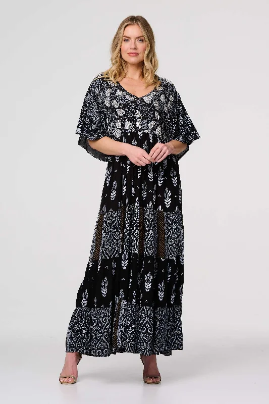 Leaf Print 3/4 Kimono Sleeve Maxi Dress Stylish Button-Up Maxi Dress