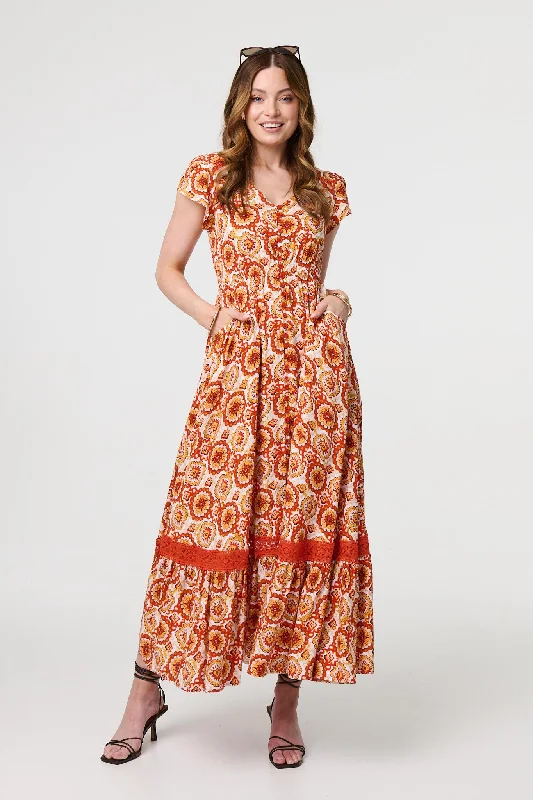 Paisley Cap Sleeve Lace Trim Maxi Dress Cozy Open-Back Maxi Dress