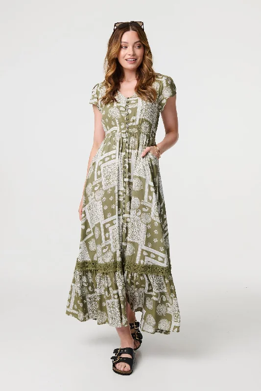 Printed V-Neck Cap Sleeve Maxi Dress Elegant Maxi Dress with Slit