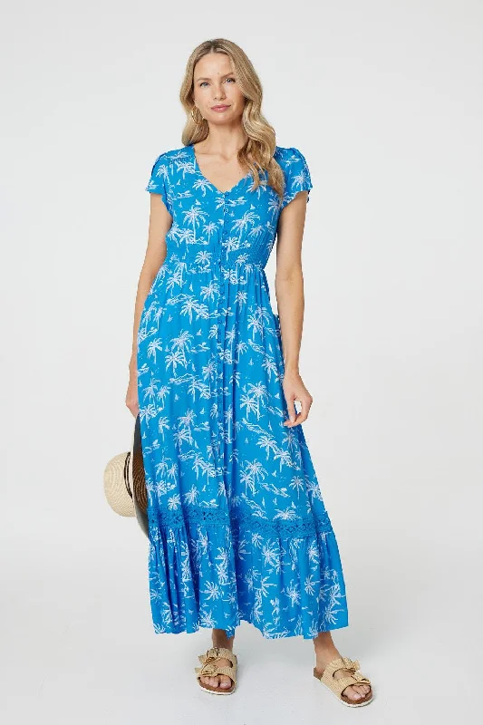 Tropical Print Angel Sleeve Maxi Dress Chic Off-Shoulder Maxi Dress
