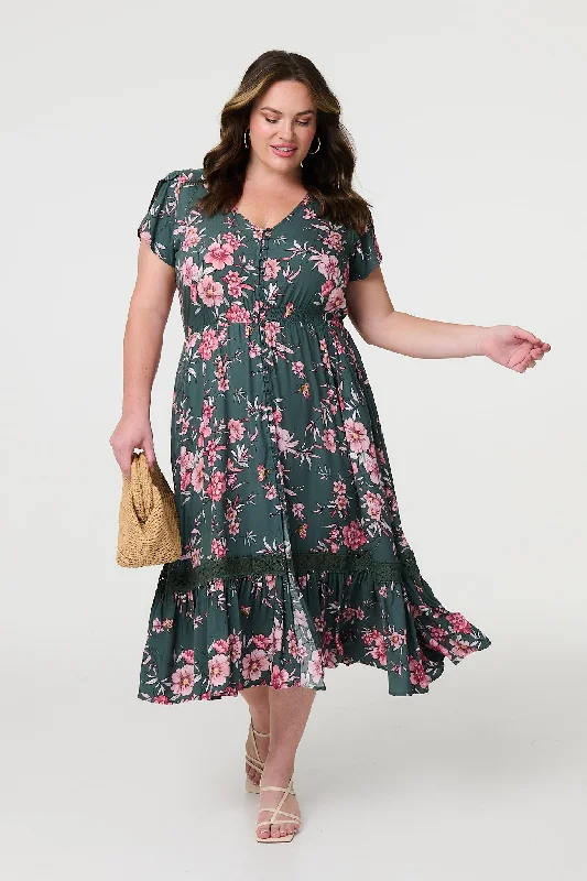 Floral Short Sleeve Lace Trim Maxi Dress Cozy Longline Maxi Dress