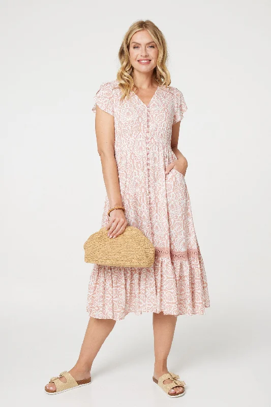 Printed Cap Sleeve Lace Trim Maxi Dress Trendy Printed Maxi Dress