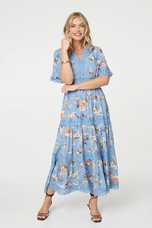 Floral Lace Trim Tiered Maxi Dress Comfortable Bohemian Maxi Dress