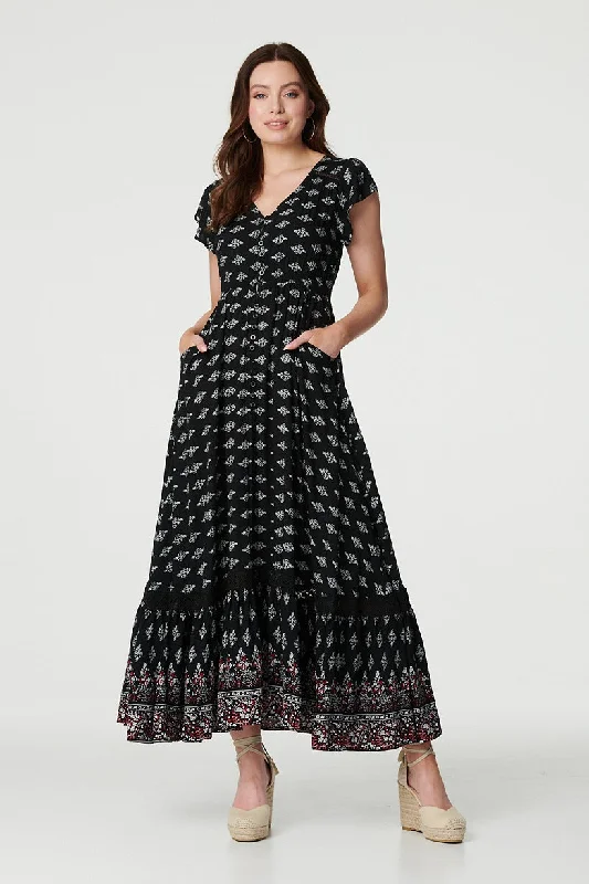 Printed V-Neck Lace Hem Maxi Dress Comfortable Maxi Dress with Sleeves