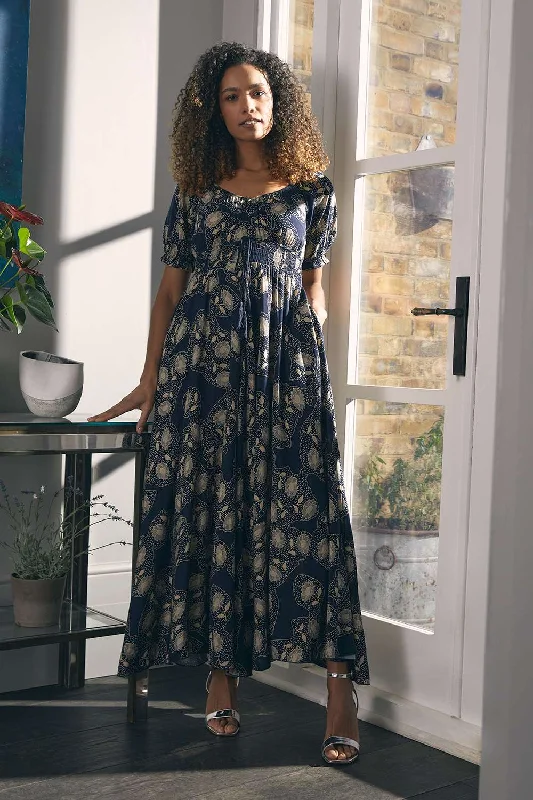 Printed Shirred Waist Maxi Dress Elegant Lace-Up Maxi Dress