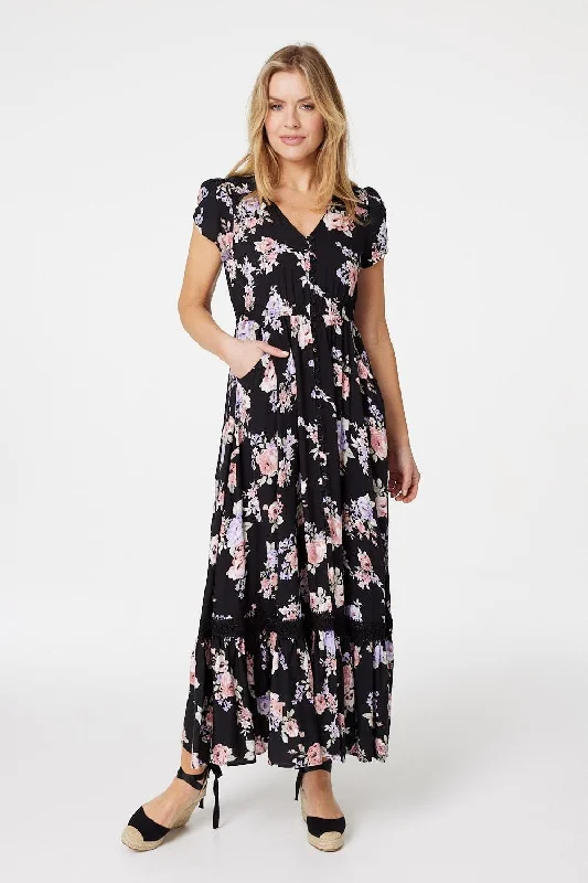 Floral Lace Trim Maxi Dress Cozy Maxi Dress with Slit