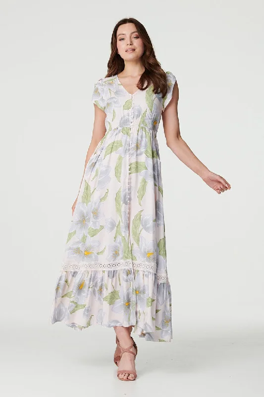 Floral Lace Trim V-Neck Maxi Dress Classic A-Line Maxi Dress