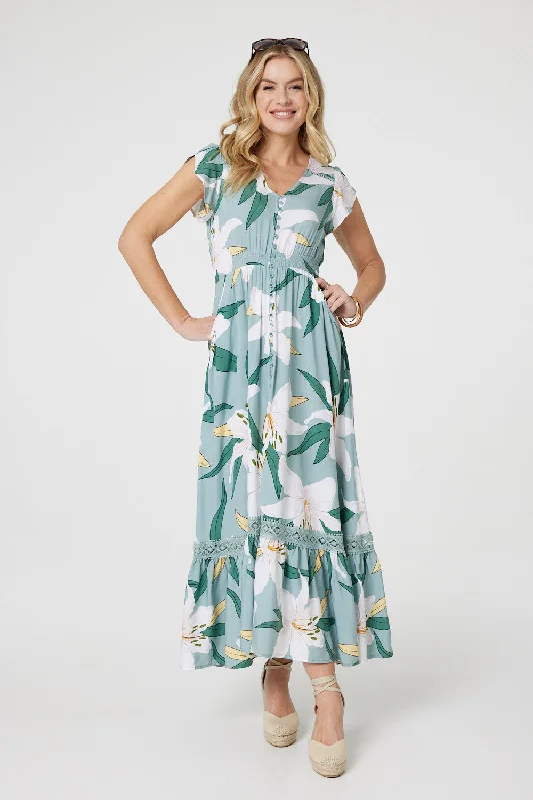 Lilly Print Lace Trim Maxi Dress Trendy Satin Maxi Dress