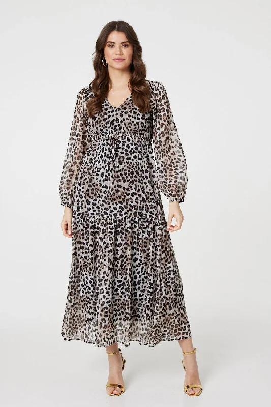 Animal Print Semi Sheer Tiered Maxi Dress Elegant Pleated Maxi Dress