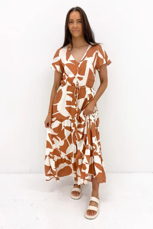 Deacon Maxi Dress Tan Abstract Chic Off-Shoulder Maxi Dress