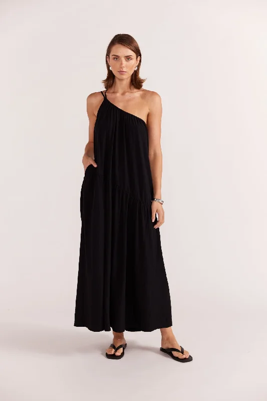 Eva One Shoulder Maxi Dress | Black Stylish Maxi Dress with Pleats