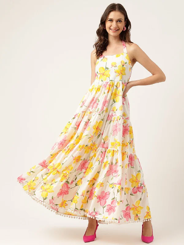 Women's Floral Printed Halter Neck Cotton Casual Maxi Dress - Taantav Cozy Knit Maxi Dress