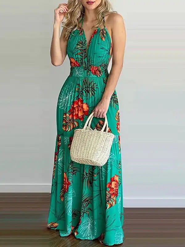 Halterneck Tie V-neck Floral Print Open-back Maxi Dress Fashionable Faux Wrap Maxi Dress
