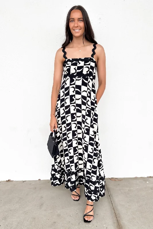 Jolee Maxi Dress Beige Black Geo Comfortable Bohemian Maxi Dress