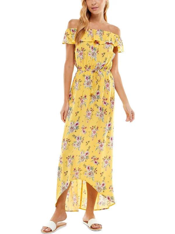 Juniors Womens Floral Hi-Low Maxi Dress Trendy Satin Maxi Dress