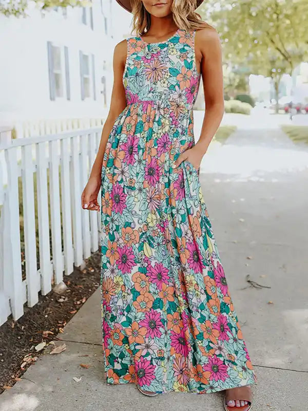 Ladies Floral Print Round Neck Sleeveless Maxi Dress Trendy Maxi Dress with Bow