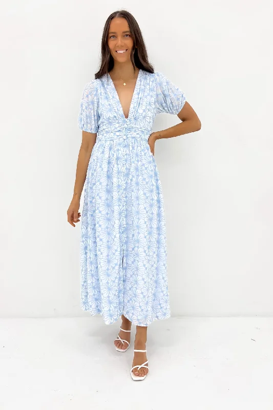Nala Maxi Dress Blue Flower Elegant Lace-Up Maxi Dress