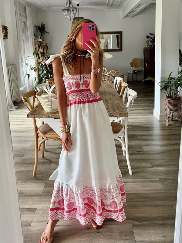New Tie Printed Sweet Elastic Bohemian Maxi Dress Comfortable T-Shirt Maxi Dress
