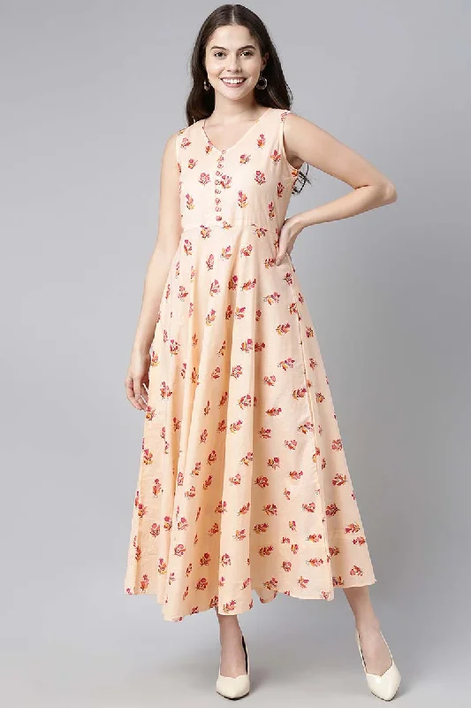 Peach Pure Cotton Floral Printed Maxi Dress Chic Boho Print Maxi Dress