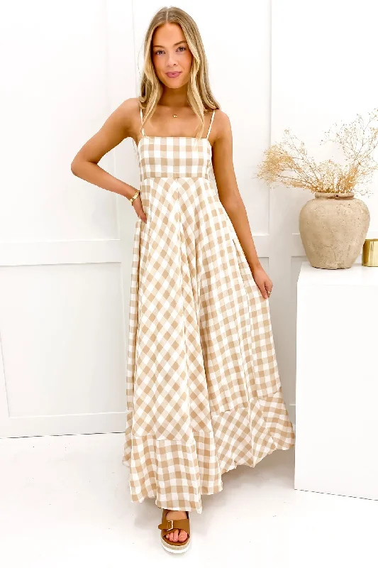Raine Maxi Dress Beige Check Elegant Pleated Maxi Dress