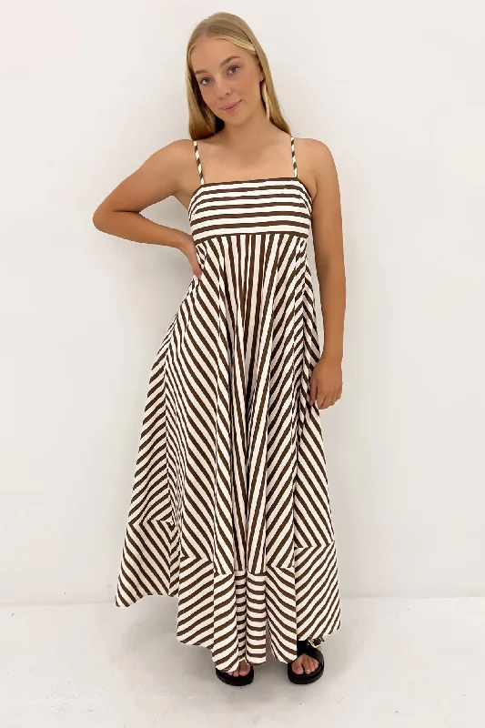 Riley Maxi Dress Chocolate Stripe Comfortable Pleated Maxi Dress