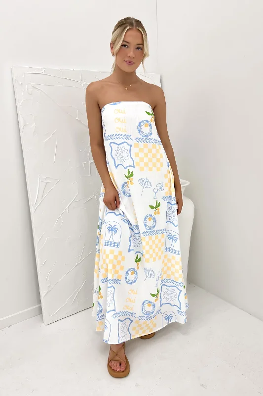 Sloane Maxi Dress Blue Yellow Holiday Trendy Short Sleeve Maxi Dress