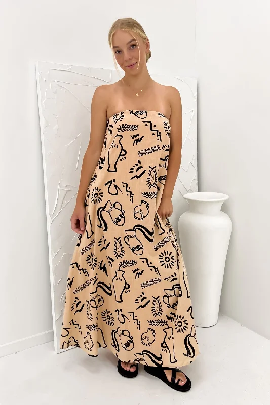 Sloane Maxi Dress Tan Black Aztec Vase Elegant Floral Maxi Dress