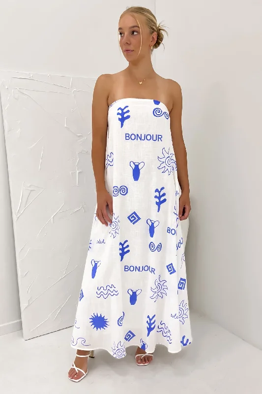 Sloane Maxi Dress White Blue Bonjour Cozy Knit Maxi Dress