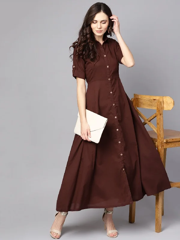 Solid Chocolate Brown Maxi Dress with Shirt Collar & 3/4 sleeves Stylish Boho Chic Maxi Dress
