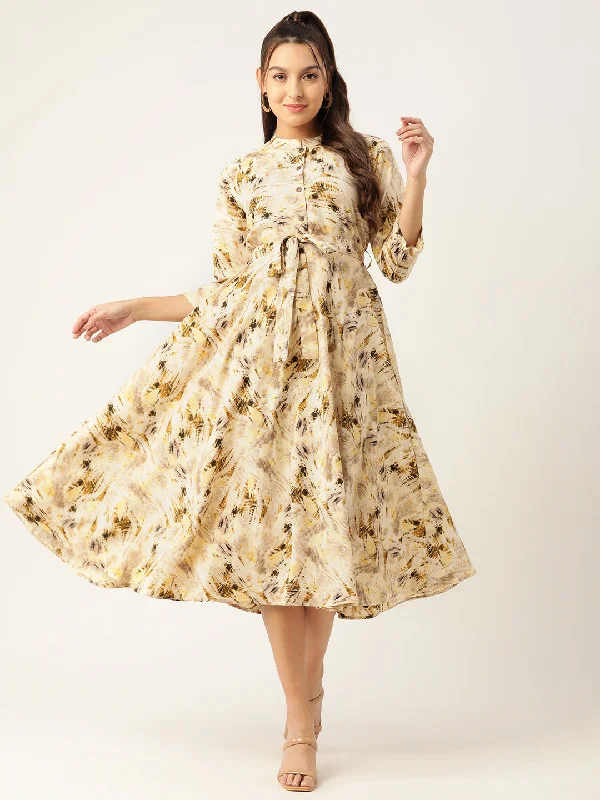 Women Abstract Printed Crepe Shirt Collar Maxi Dress with Belt Fashionable Faux Wrap Maxi Dress