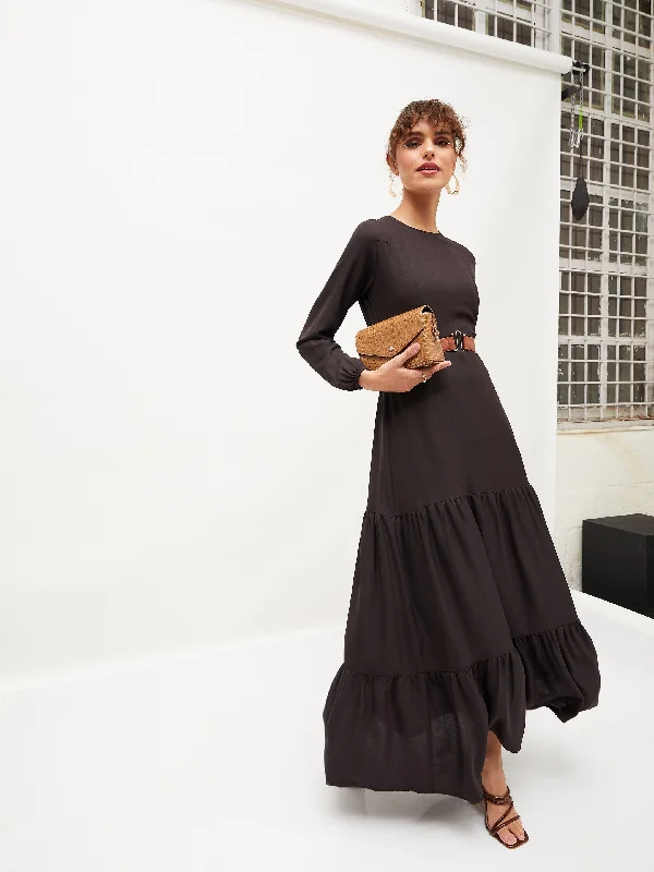 Women's Black Belted Tiered Maxi Dress - Lyush Stylish Boho Maxi Dress