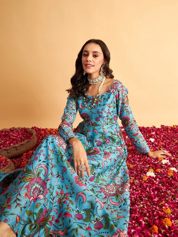 Women's Blue Floral Anarkali Maxi Dress - Lyush Elegant Maxi Dress with Lace