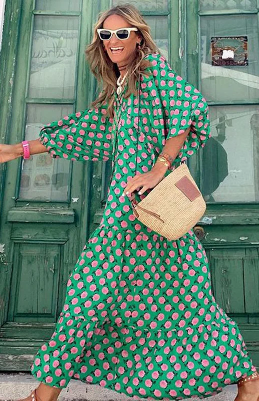 Women Boho Floral Puff Sleeve Tiered Maxi Dress Casual Layered Loose Vacation Long Dress Elegant Boho Maxi Dress