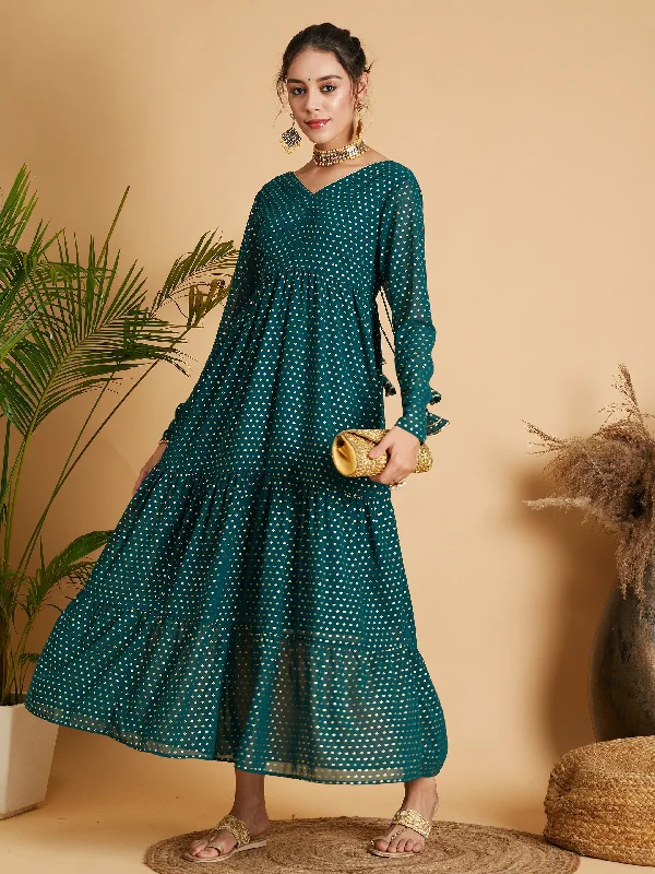 Women's Emerald Dot Foil Print Tiered Maxi Dress - Lyush Classic Strapless Maxi Dress Women's Emerald Dot Foil Print Tiered Maxi Dress - Lyush Classic Strapless Maxi Dress