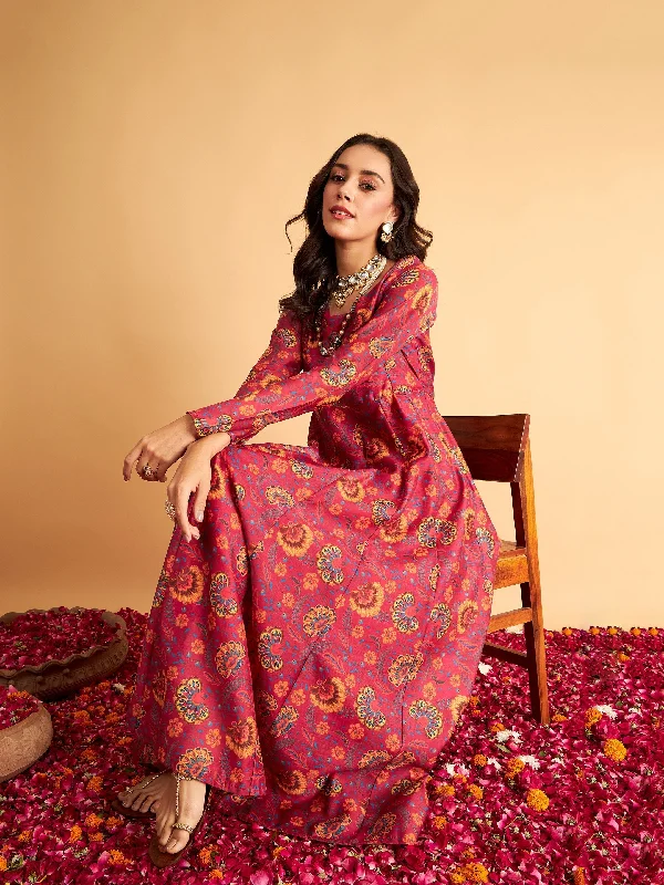 Women's Fuchsia Floral Anarkali Maxi Dress - Lyush Chic Button-Up Maxi Dress