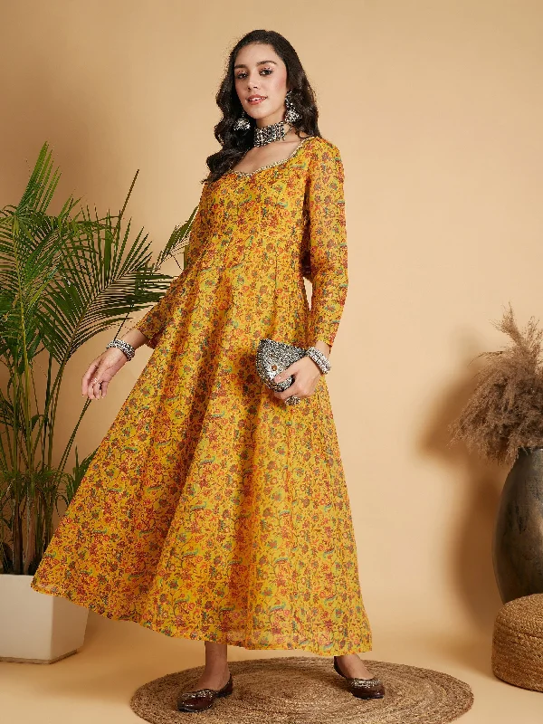 Women's Mustard Floral Anarkali Maxi Dress - Lyush Trendy Off-Shoulder Ruffle Maxi Dress Women's Mustard Floral Anarkali Maxi Dress - Lyush Trendy Off-Shoulder Ruffle Maxi Dress