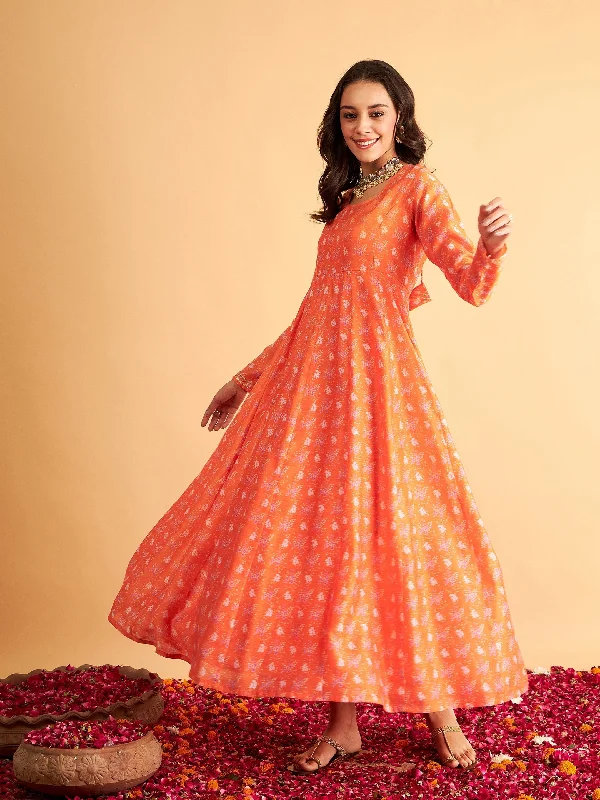 Women's Orange Floral Anarkali Maxi Dress - Lyush Elegant Maxi Dress with Ruffles