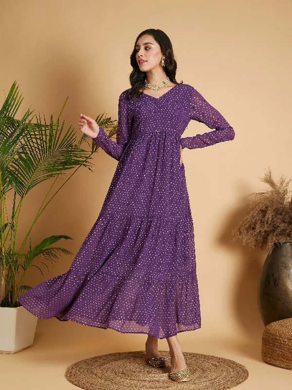 Women's Purple Dot Foil Print Tiered Maxi Dress - Lyush Trendy V-Neck Maxi Dress