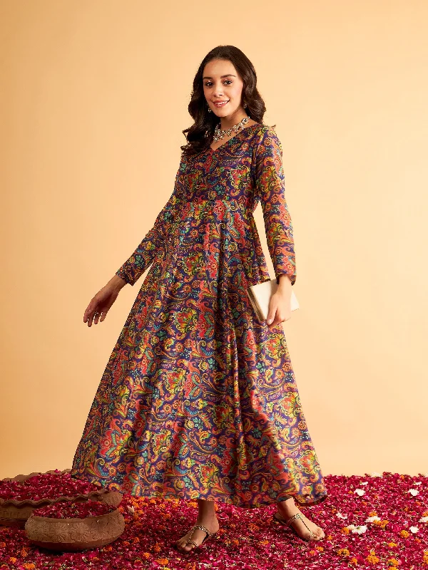Women's Purple Floral V Neck Anarkali Maxi Dress - Lyush Fashionable Open-Back Maxi Dress Women's Purple Floral V Neck Anarkali Maxi Dress - Lyush Fashionable Open-Back Maxi Dress